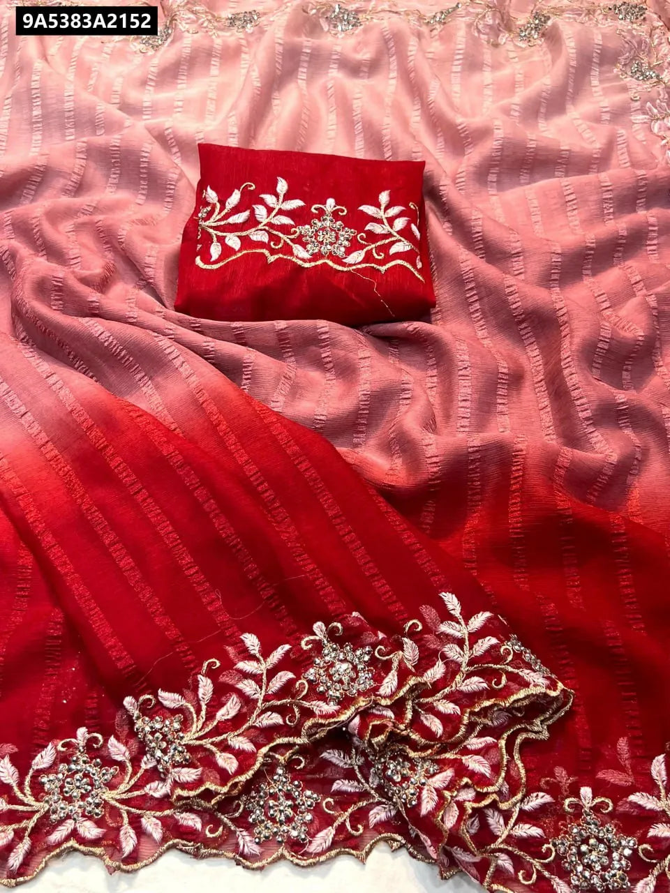 TRENDBUY Ombre Ruby Shimmer Georgette Saree with intricate embroidery and diamond work, designer blouse.