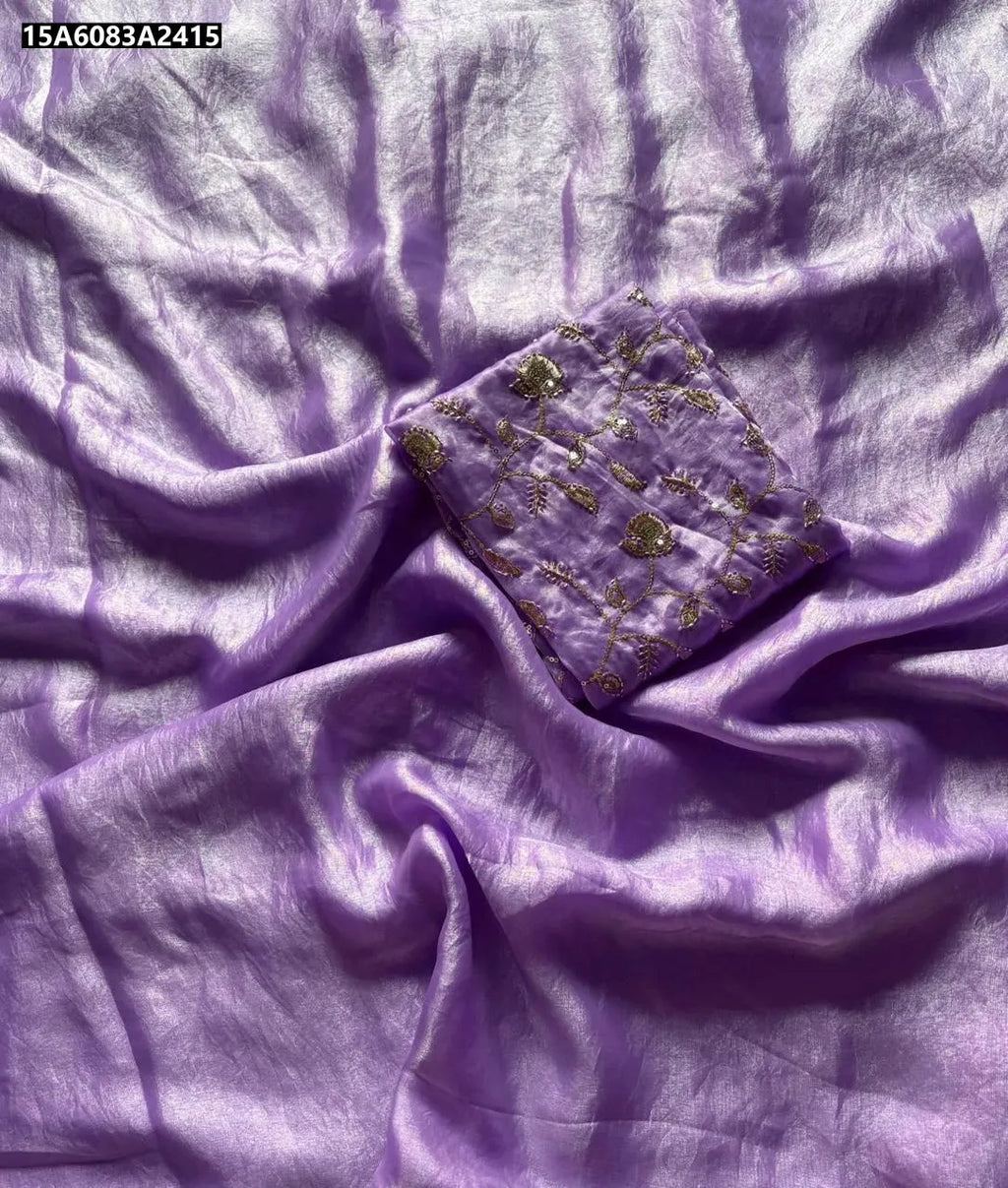 TRENDBUY Shimmer Satin Blend Saree with Handwork Multi Sequence Blouse in Lavender