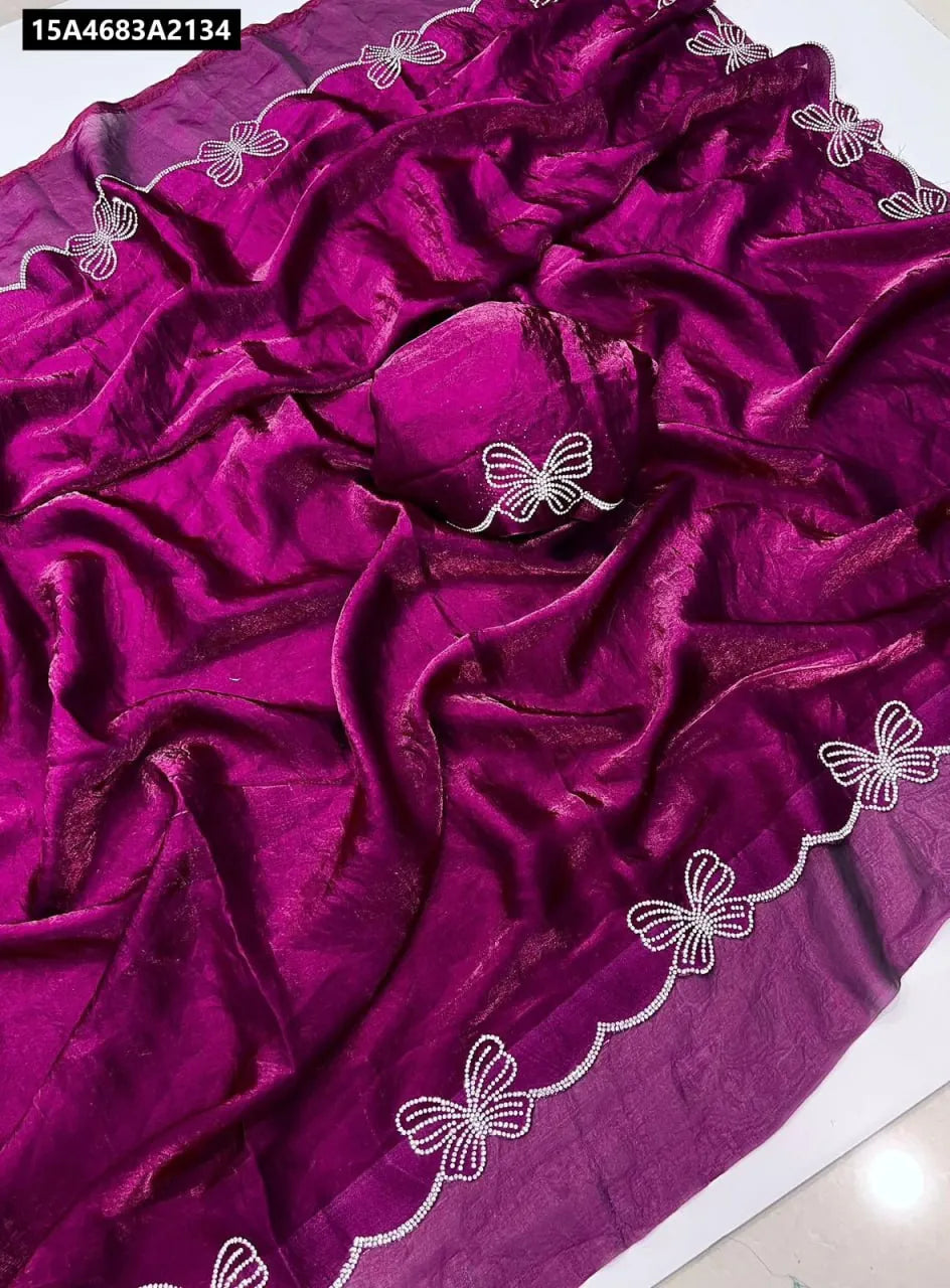 Dual Shade Satin Chiffon Saree with Siroski Butterfly Border - Plum