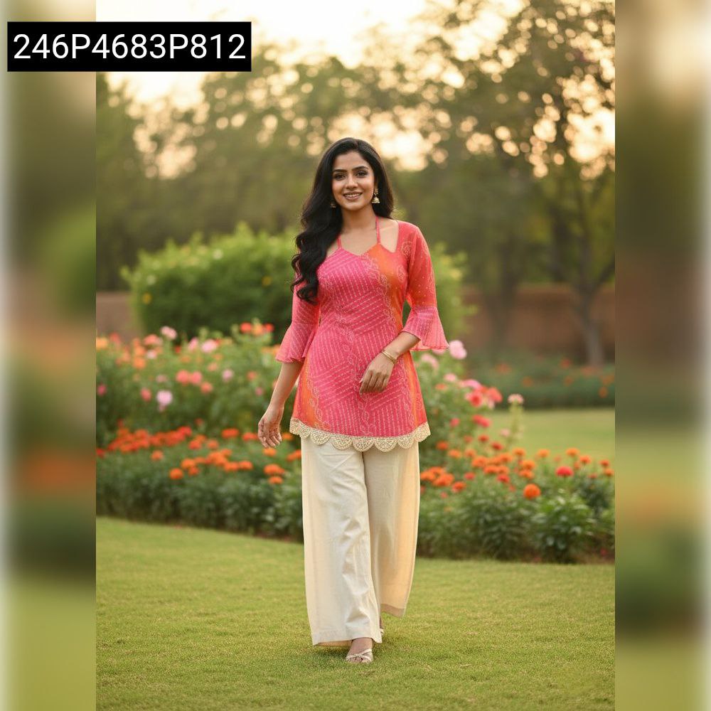 Full-body shot of a model walking in the Ombre Pink Short Bandhani Kurti with palazzo pants in a garden setting.
