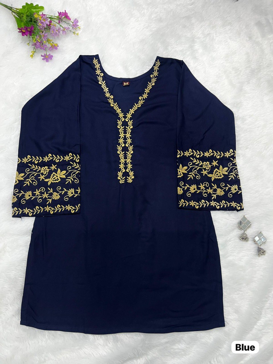 Navy Blue Heavy Rayon Short Kurti with Gold Embroidery Flat Lay