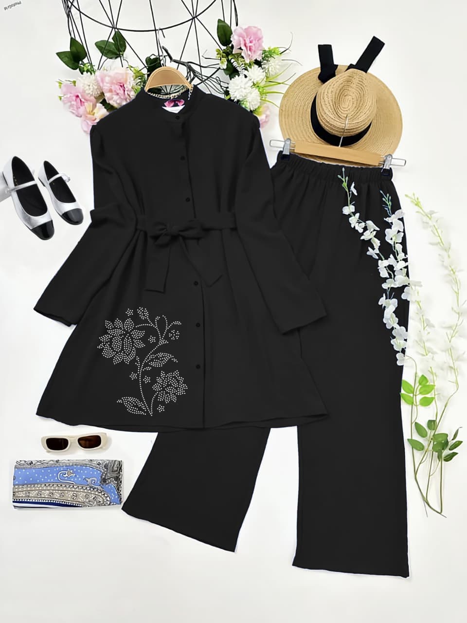 Black Reyon Kurti Palazzo Set with Diamond Work and Belt