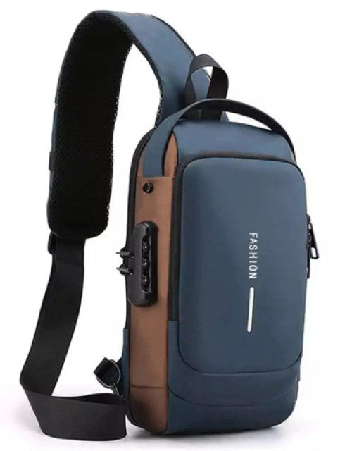 Man wearing a black shoulder bag with USB charging feature