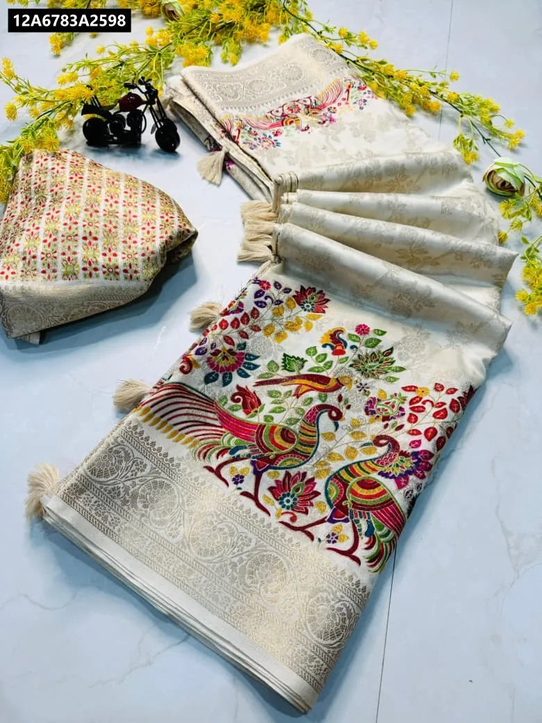 TRENDBUY Premium Silk Jequard Saree with multi-color digital peacock and floral prints, jari border, and matching blouse piece on a light background.