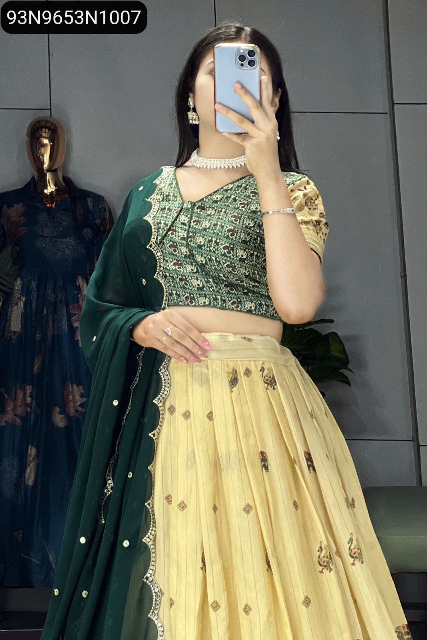 TRENDBUY Silk Kalamkari Lehenga for Women in Cream Green with contrast dupatta, front view