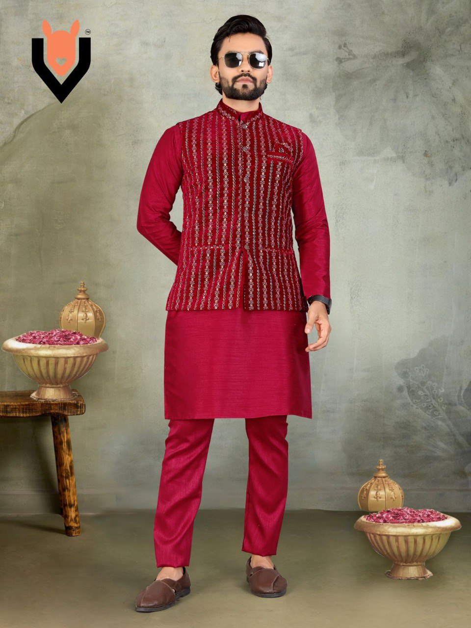 TRENDBUY Men's Maroon Silk Kurta Pyjama with Embroidered Velvet Koti