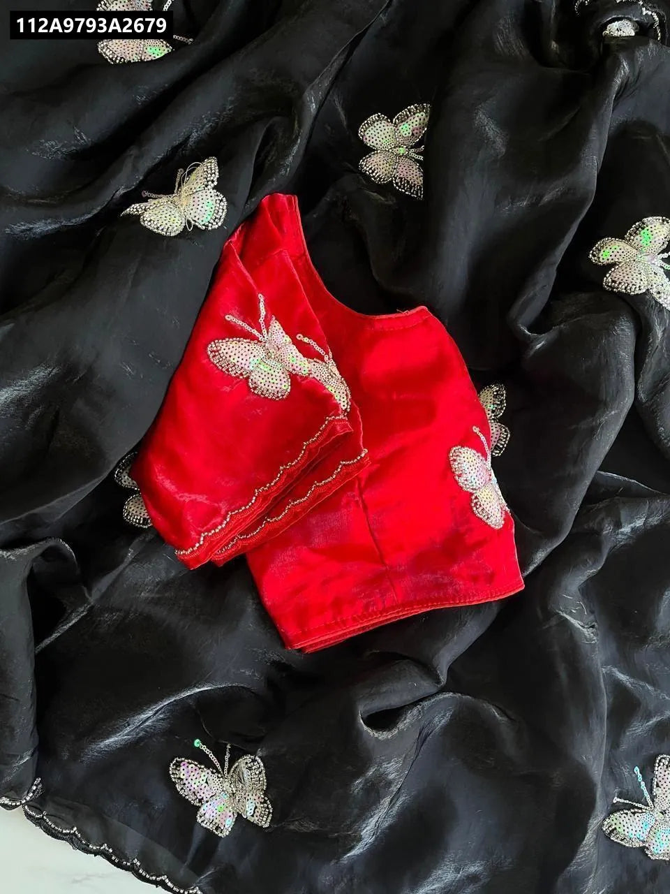 TRENDBUY Fancy Space Silk Saree in Black with Red Blouse, featuring butterfly cutdana and sequin handwork