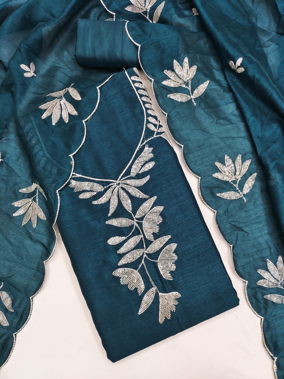 TRENDBUY Teal Silk Sequin Embroidered Dress Material Top and Dupatta Set