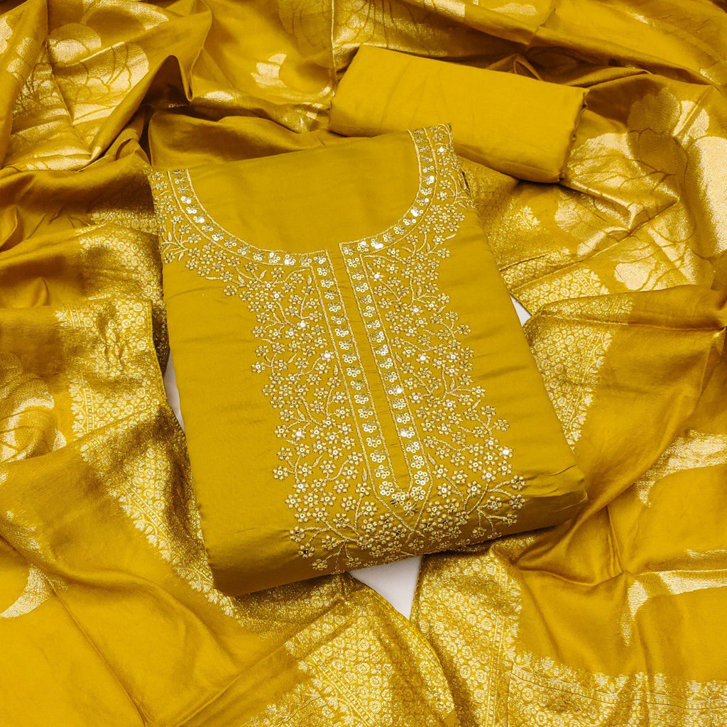 Mustard Gold Silk Work Embroidered Dress Material Suit with Jequard Dupatta by TRENDBUY