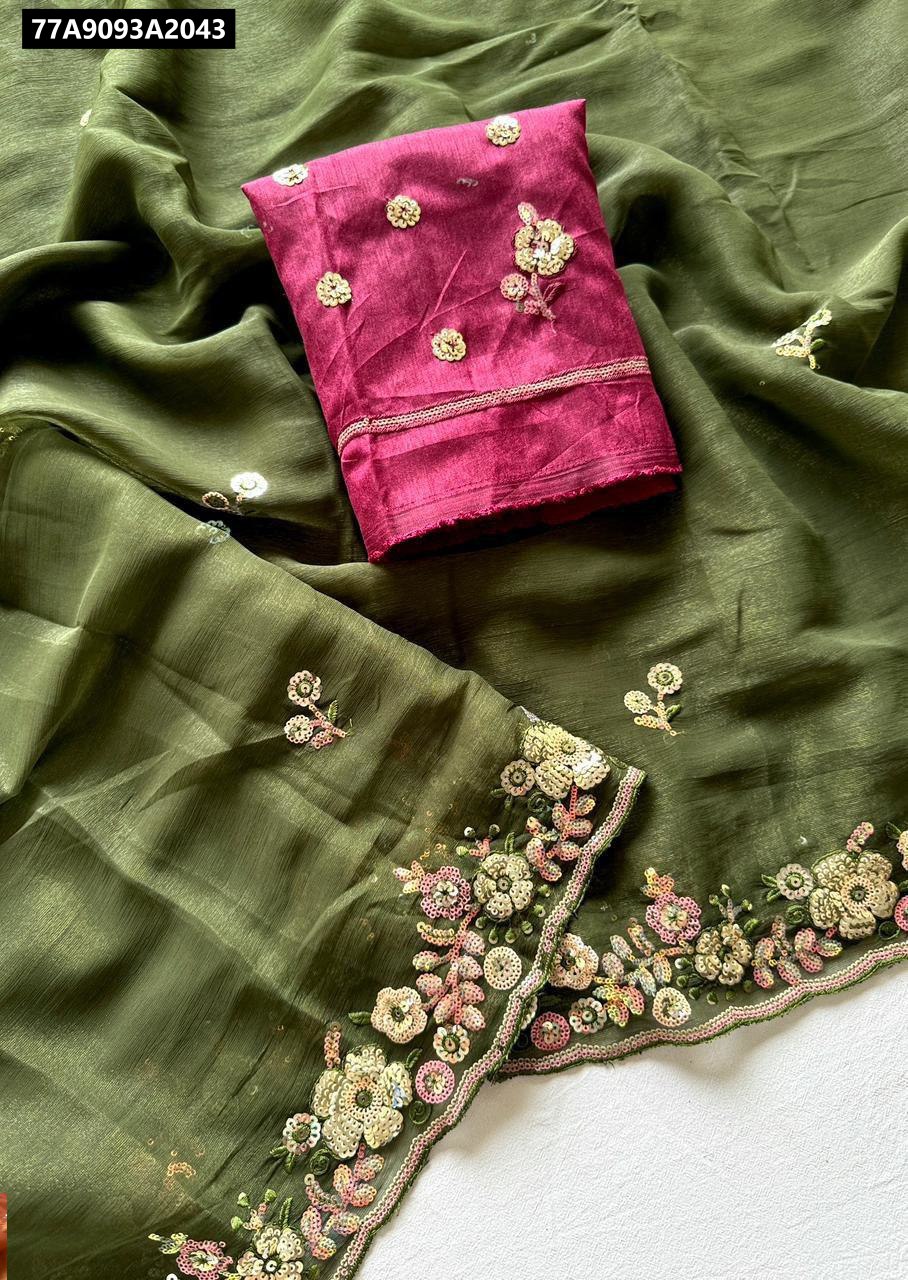 Olive Green Simmar Chiffon Saree with Multi-Colour Sequence Embroidery and Magenta Blouse Piece - TRENDBUY