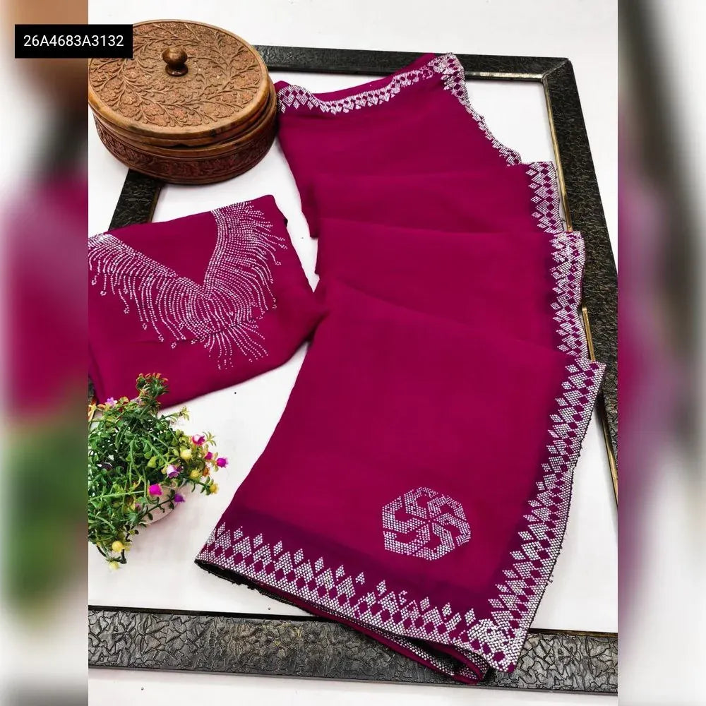 TRENDBUY Magenta Simmar Silk Saree with Siroski Diamond Embellishments and Blouse Piece