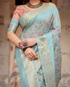 Sky Blue Hand-Painted Tussar Silk Saree for Women | Festive & Wedding Wear