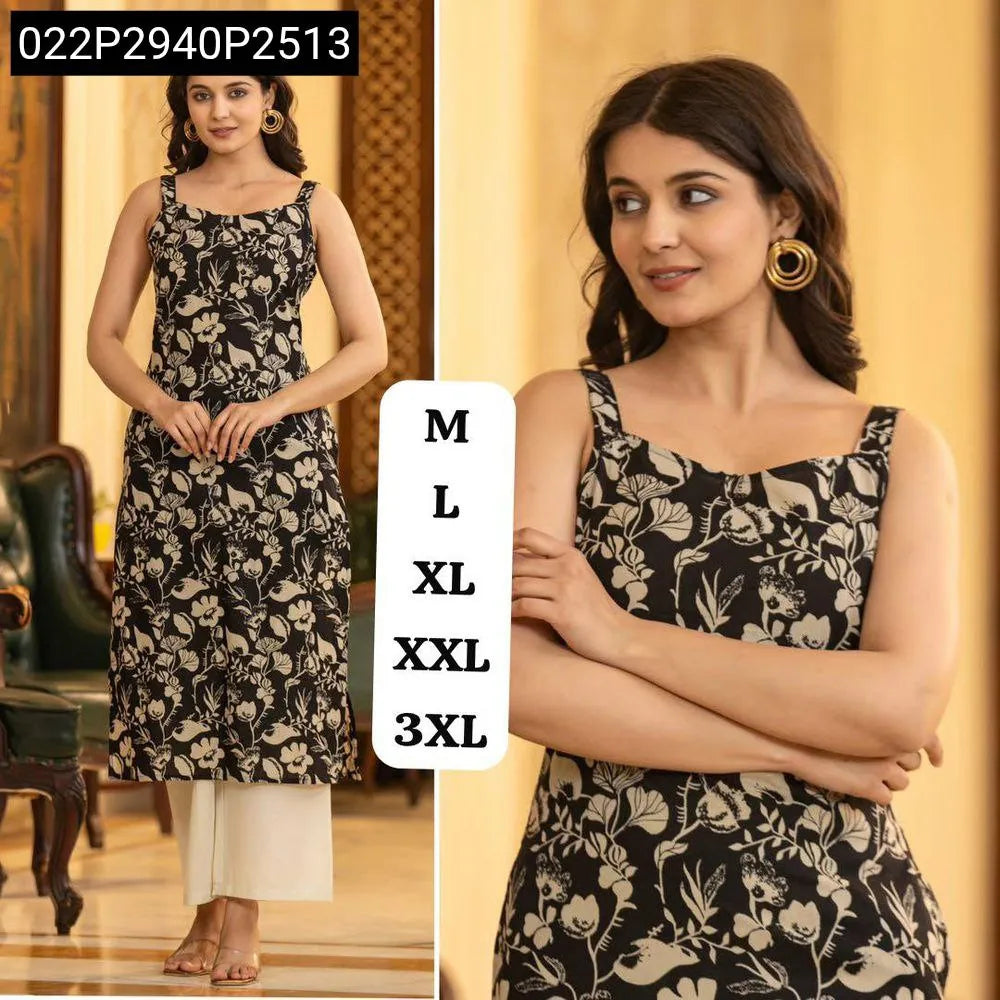 TRENDBUY Black Floral Sleeveless Cotton Printed Kurti for Women, Office Wear