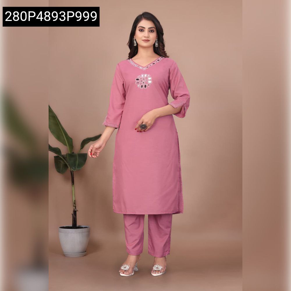 Model posing frontally in Rose Pink Slub Cotton Top Pant Set, showcasing the complete look.