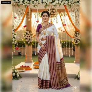 TRENDBUY Cream & Purple Soft Art Silk Jacquard Saree for Women | Wedding, Party & Ethnic Wear Online
