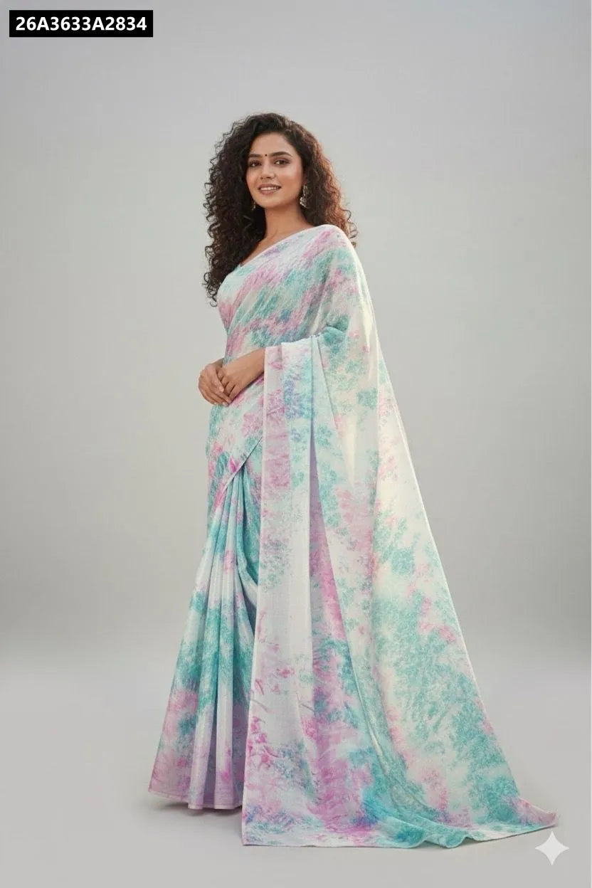 TRENDBUY Soft Chinon Tie-Dye Ready Saree in Aqua Dream, front view on model