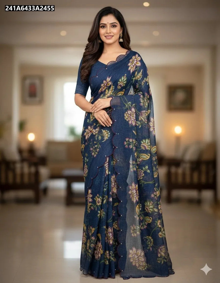 Model wearing TRENDBUY Navy Blue Soft Cotton Linen Digital Print Saree, front view, in an indoor setting.