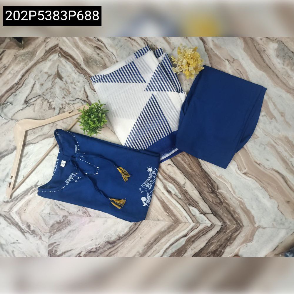 Soft Cotton Sequence Work Ladies Suit Set in Teal Blue, flat lay with patterned dupatta