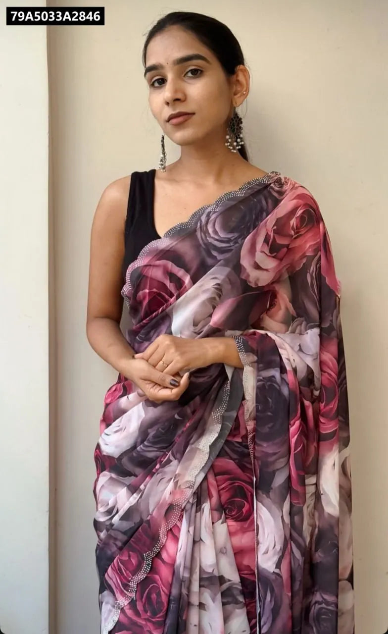 Front-facing model showcasing TRENDBUY Soft Georgette Floral Digital Print Saree, studio shot