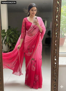 Buy Fuschia Pink Ombre Soft Georgette Silk Saree for Women | Digital Print & Moti Work Ethnic Wear Online
