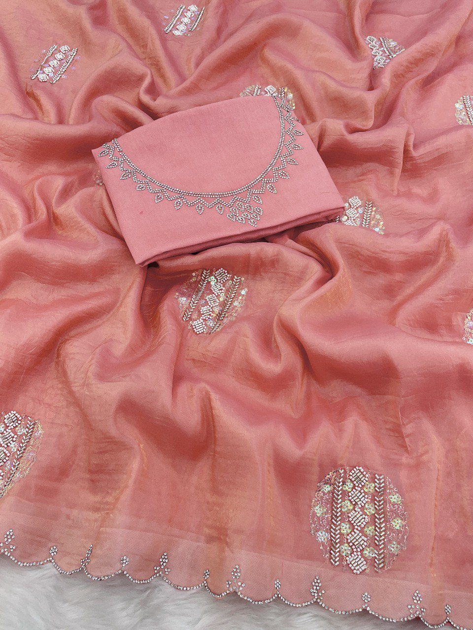 TRENDBUY Rose Gold Crush Saree fabric with intricate hand jarkhan and diamond border work, featuring matching blouse piece.