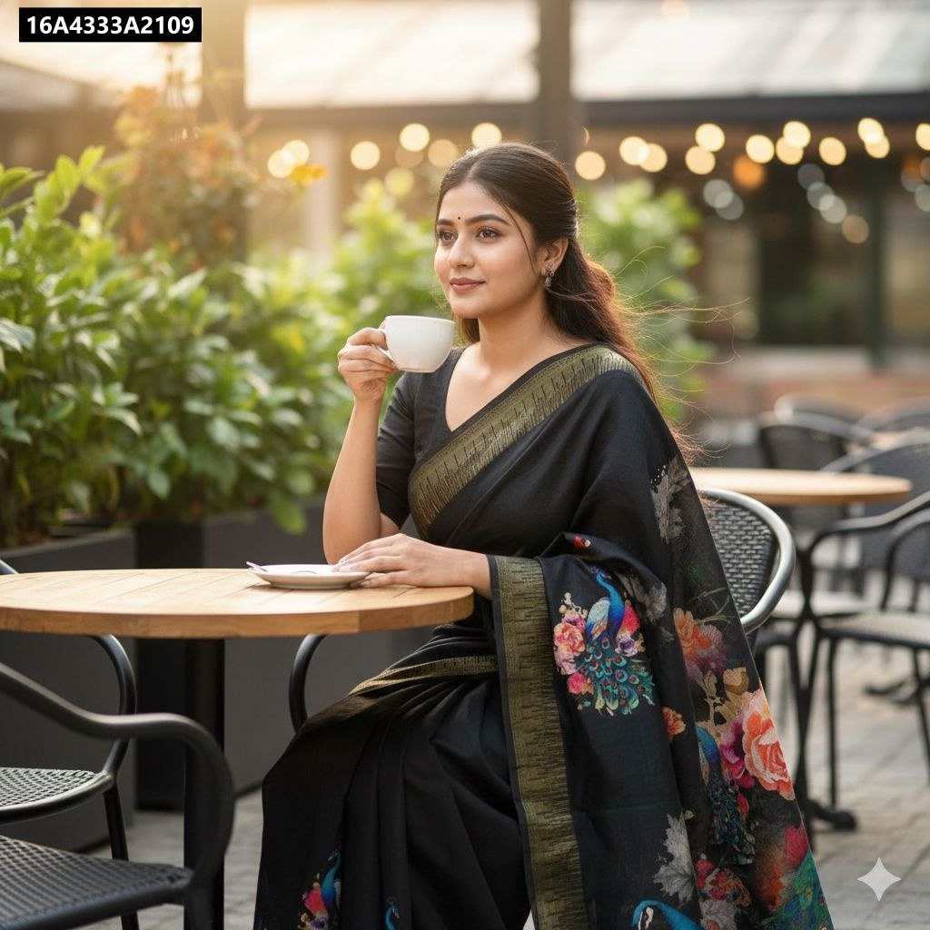 TRENDBUY Soft Kota Floral Digital Print Saree in Black, worn by a model having coffee.