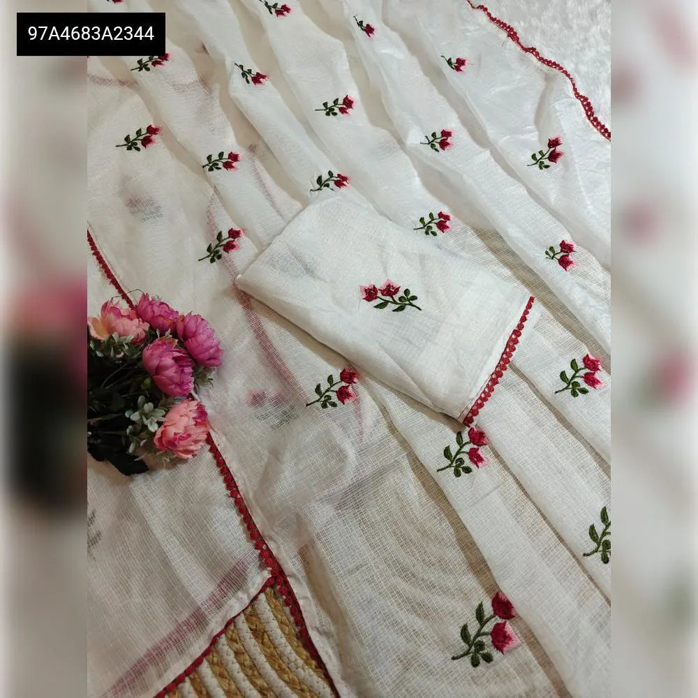 TRENDBUY Soft Kota Saree in White with delicate red thread work embroidery and matching blouse piece on a flat lay
