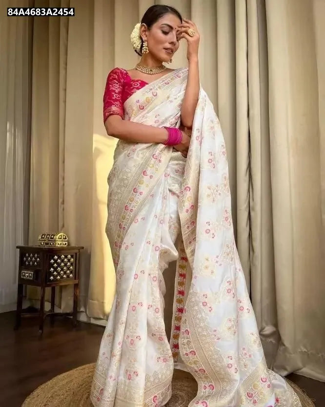TRENDBUY Soft Lichi Silk Jacquard Saree in Cream, model front view