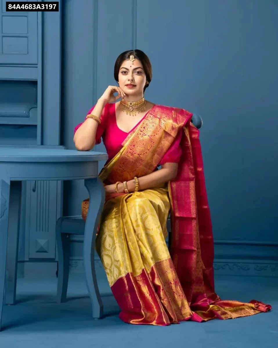 Main image: A single model posing gracefully in a vibrant yellow and pink Soft Lichi Silk Saree, full body, front facing.