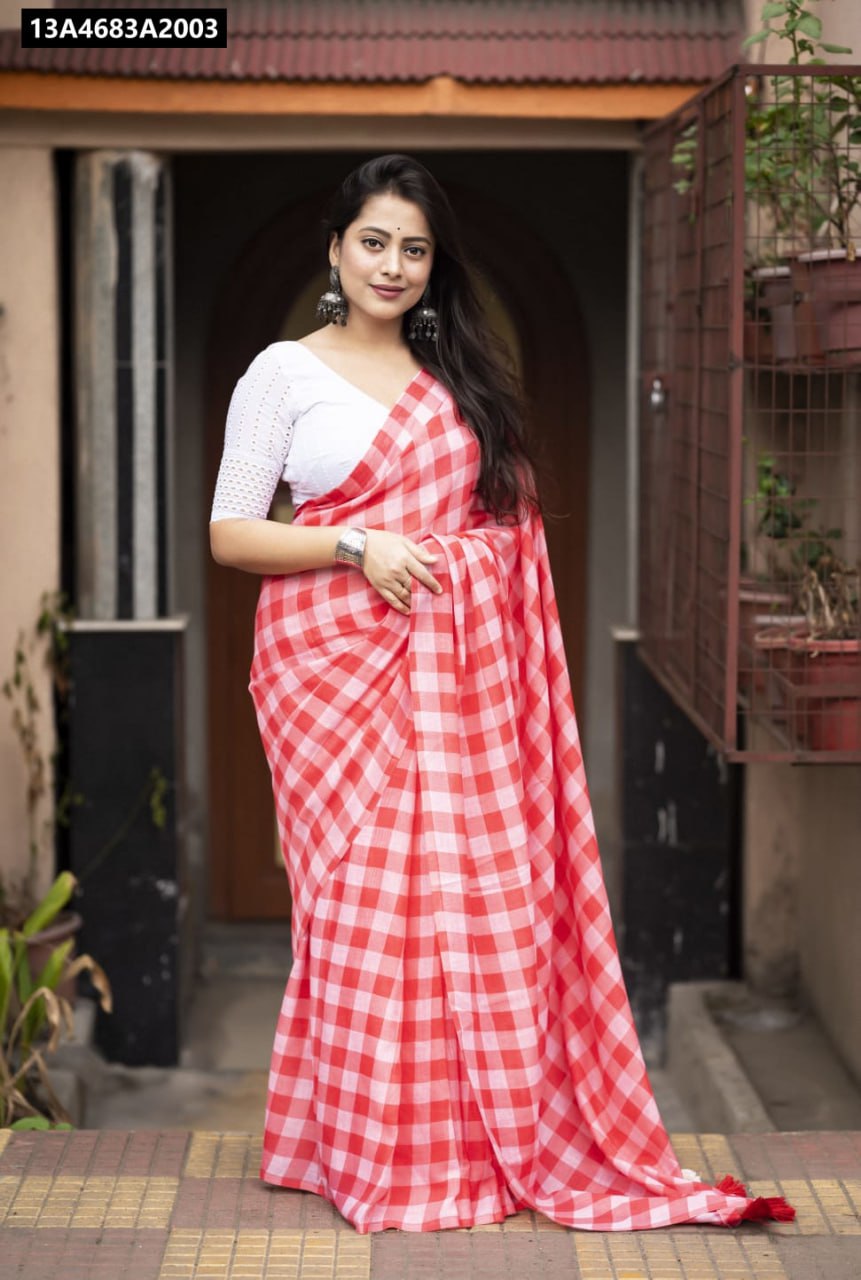 Model wearing TRENDBUY Gajri Red Linen Chex Print Saree with white Lucknowi Blouse