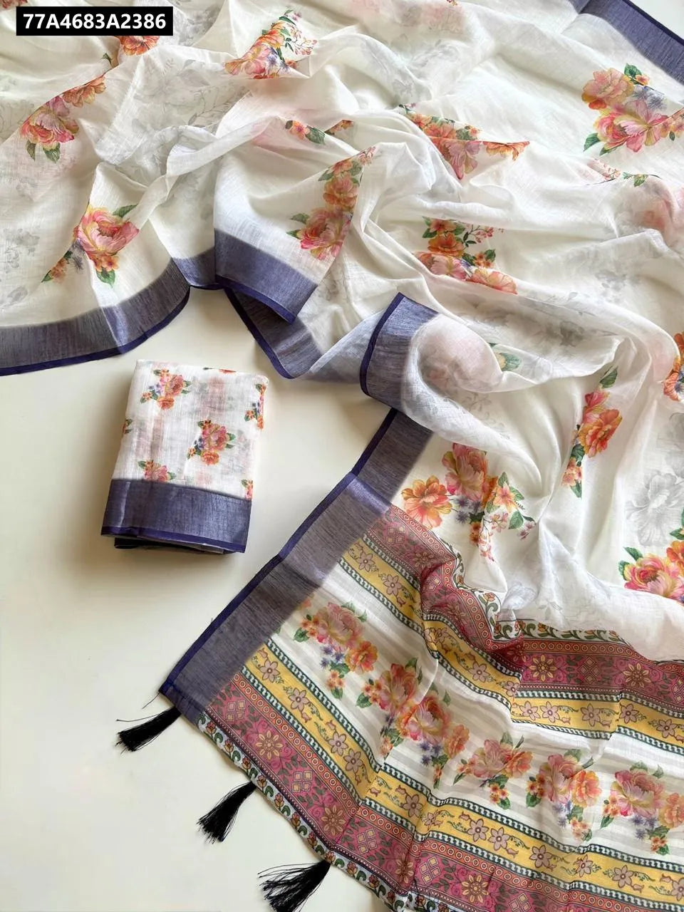 Soft Linen Saree with Peach-Orange Floral Digital Print and Dark Blue Jacquard Border