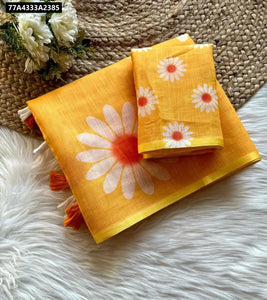 Soft Linen Digital Floral Print Saree for Women - Daily & Festive Ethnic Wear in White, Purple, Yellow