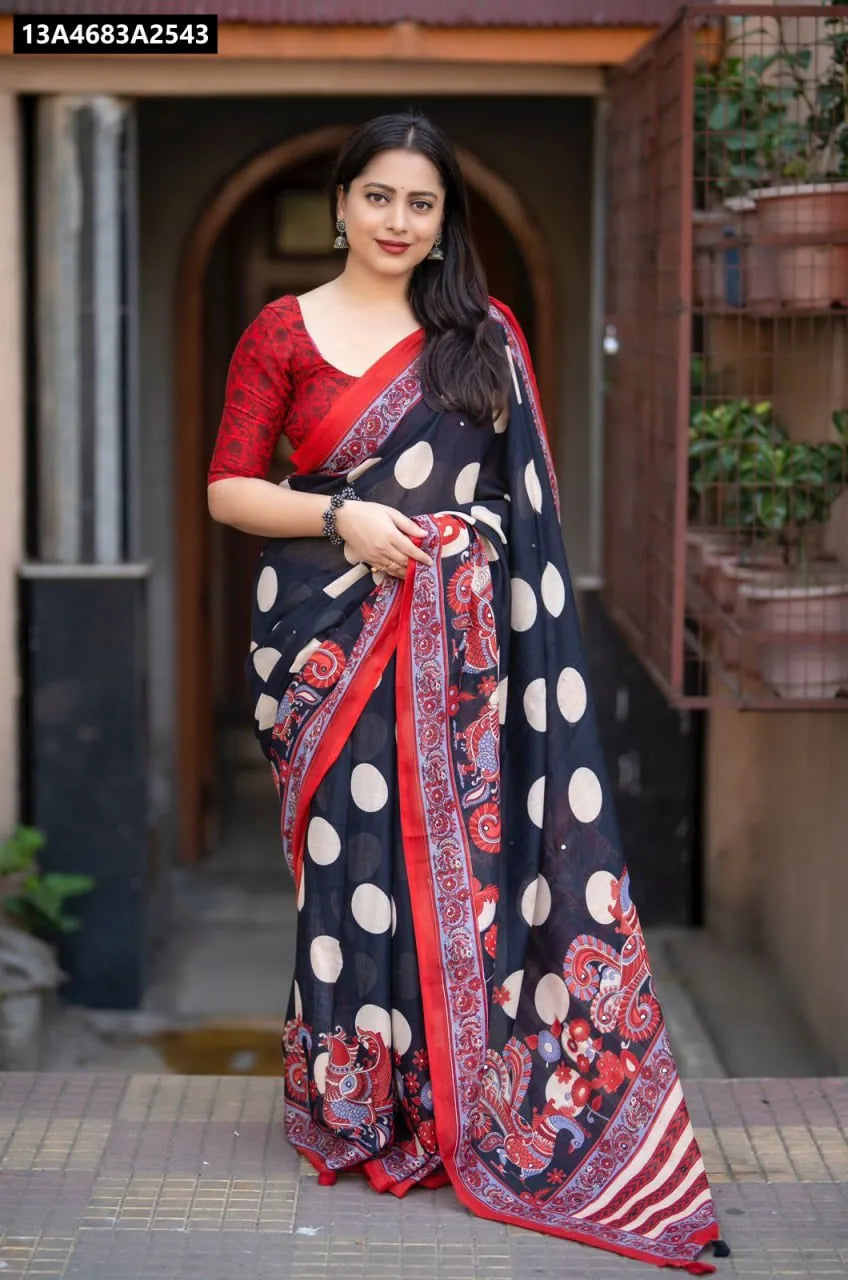 Black Soft Linen Kalamkari Saree with Polka Dot Print