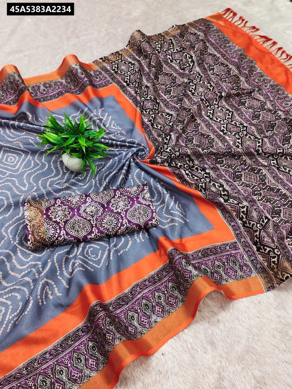 TRENDBUY Soft Mal Cotton Ajrakh Print Saree in Charcoal Grey with Orange Border and Blouse Piece
