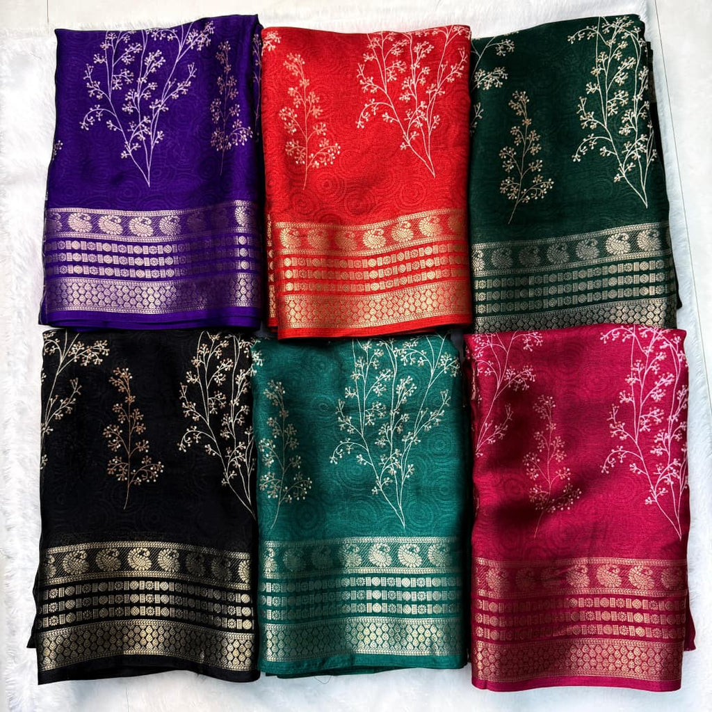 TRENDBUY Soft Marsh Melon Sarees in multiple vibrant colors with self-jacquard design and Zari Hamsa borders