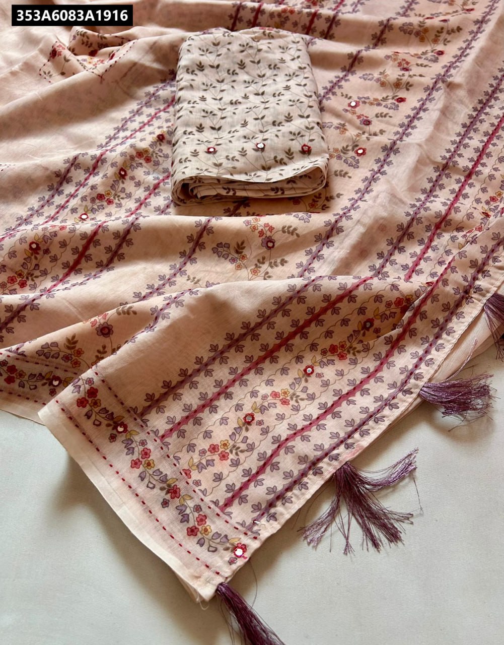 Soft Penny Cotton Saree with Aari Sequence work on pallu and border, flat lay view