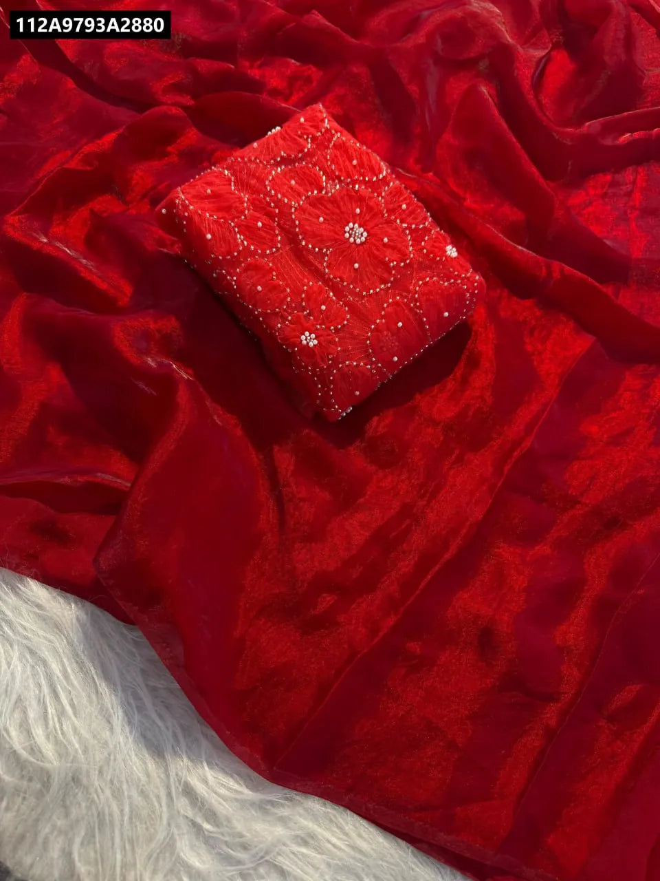 TRENDBUY Red Soft Satin Silk Saree with Embellished Net Blouse