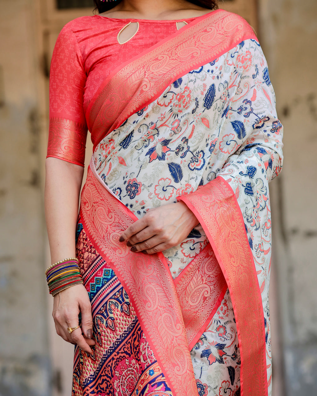 Close-up of White & Coral Digital Print Soft Silk Saree fabric and zari border