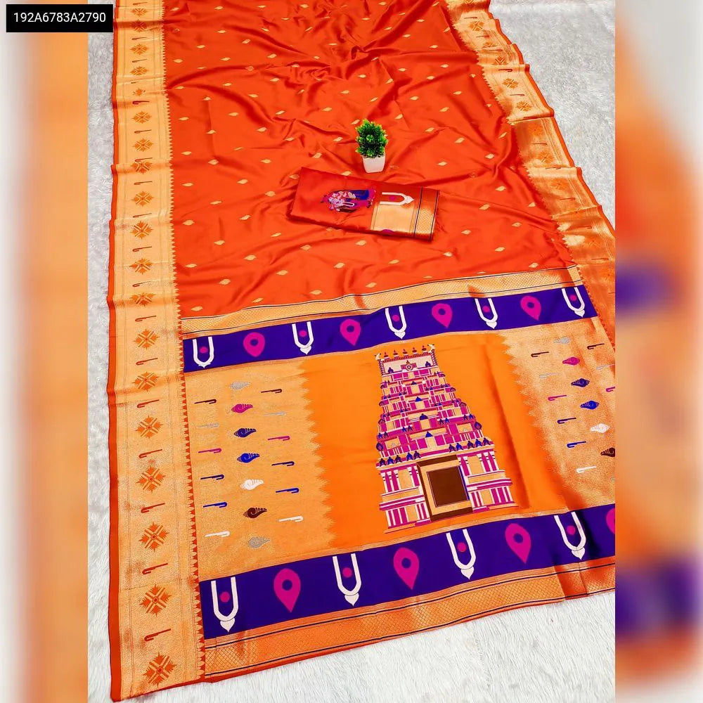 TRENDBUY Orange Soft Silk Paithani Saree with Temple Pallu and Floral Motifs