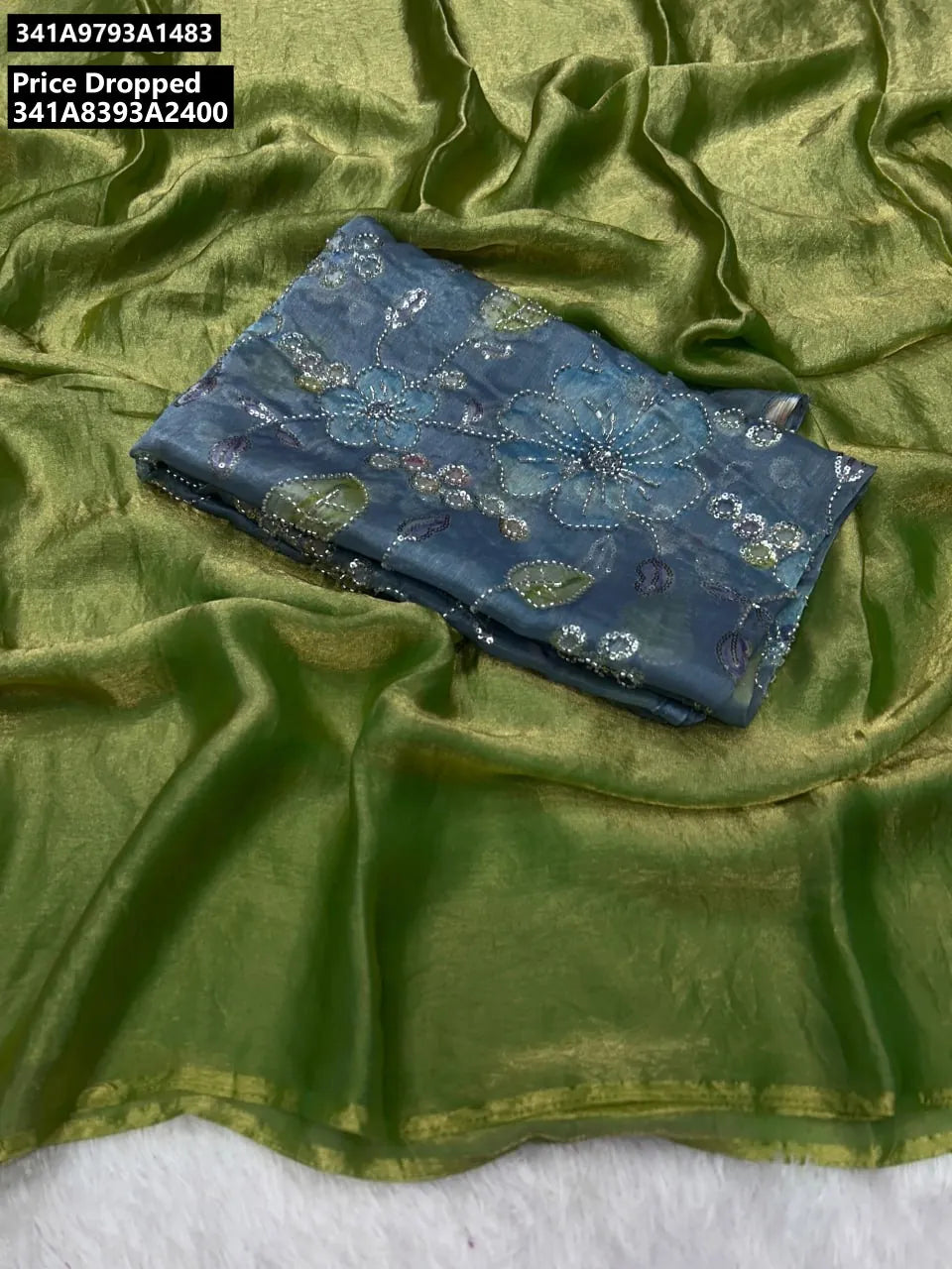 TRENDBUY Olive Green Two-tone Silk Saree with Blue-Green Val-Moti Work Blouse