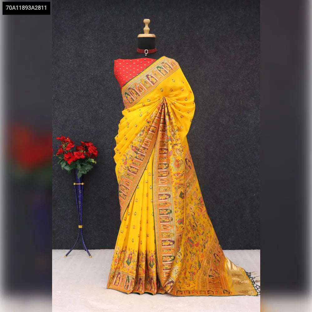 TRENDBUY Soft Silk Pashmina Weave Saree in Yellow - Mannequin 3/4 View