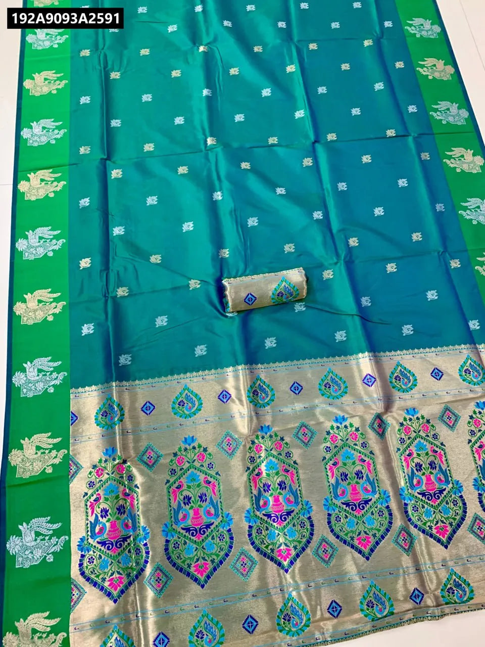 Aqua Green Soft Silk Saree with Gold and Silver Zari Weaving and Green Satin Border by TRENDBUY