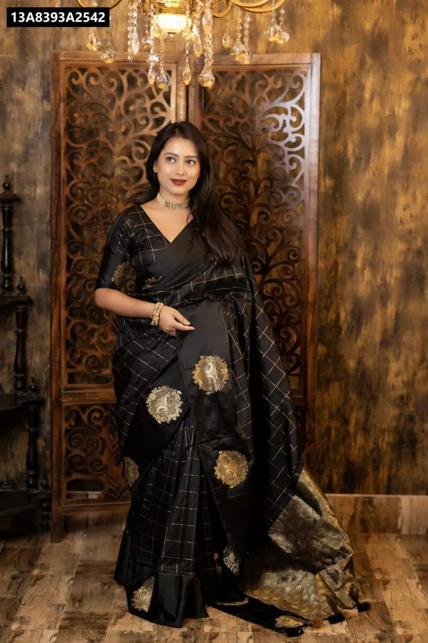 Model showcasing TRENDBUY Soft Silk Saree in Black with Gold Zari Work, front view