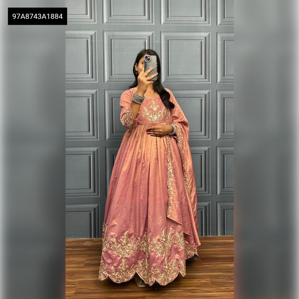 Women's Soft South Tissue Gown in Rose Pink with Zari and Sequence Work, Full Body Model Posing