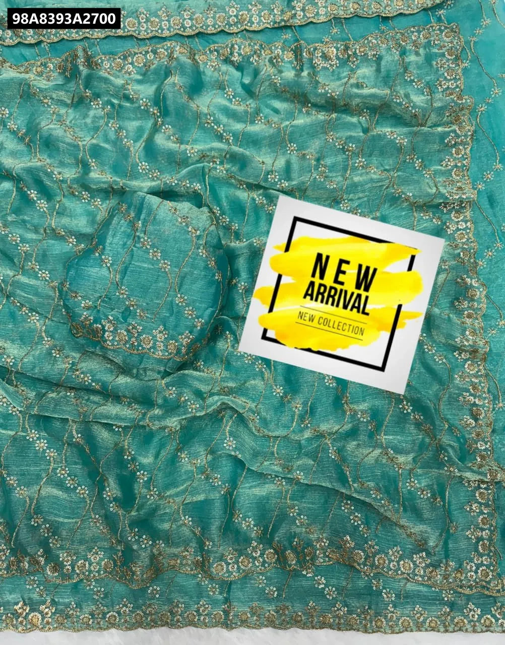 TRENDBUY Soft Space Silk Sequence Embroidery Saree in Aqua Teal with Blouse Piece - New Arrival