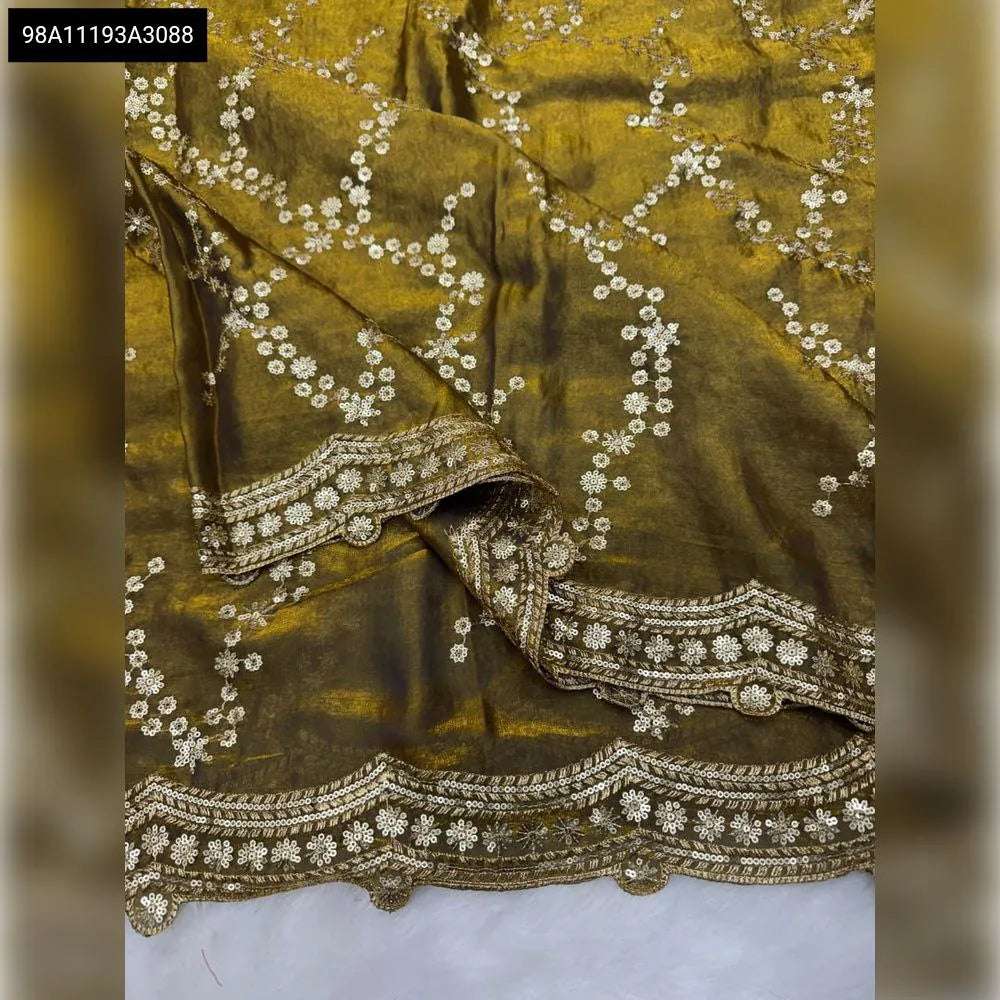 Golden mustard Soft Space Silk Saree with elegant sequence embroidery border, flat lay