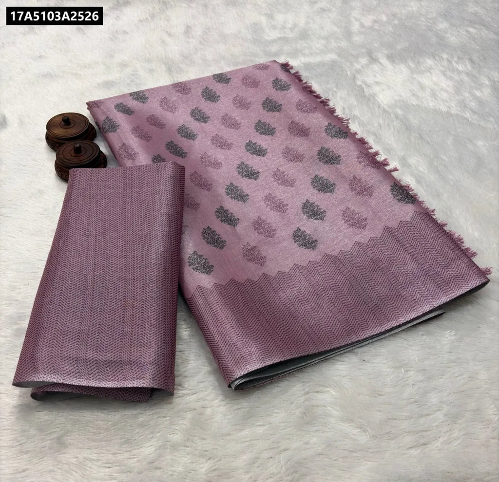 Close-up flat lay of a Lavender Erode Zari Silk Saree with matching blouse piece, showcasing zari weaving border and digital print.