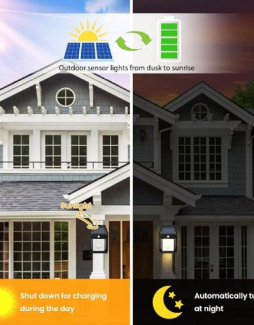 Black solar outdoor wall light with motion sensor, waterproof for fence & wall lighting.