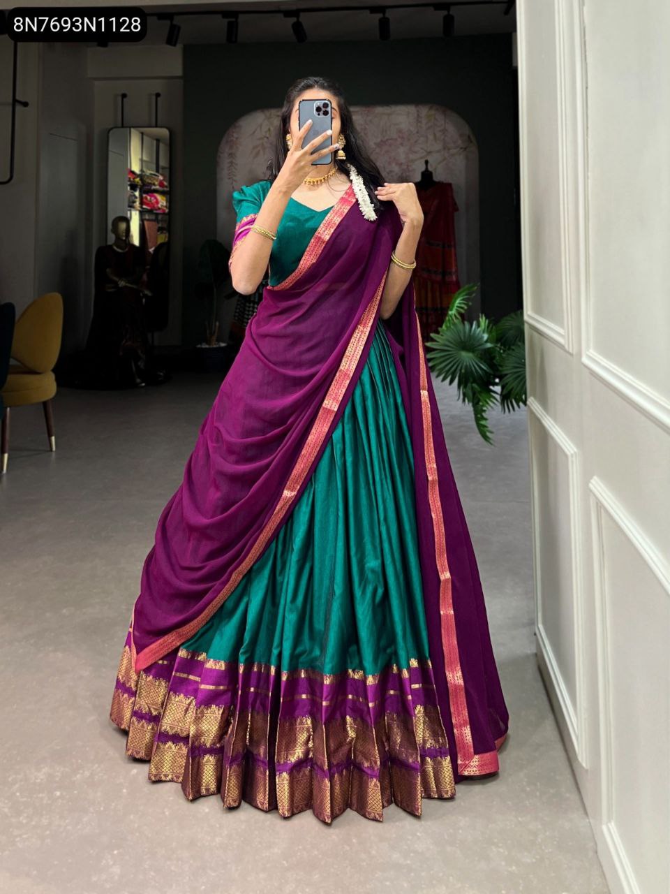 TRENDBUY South Style Half Saree Lehenga in Emerald Green and Plum, front view
