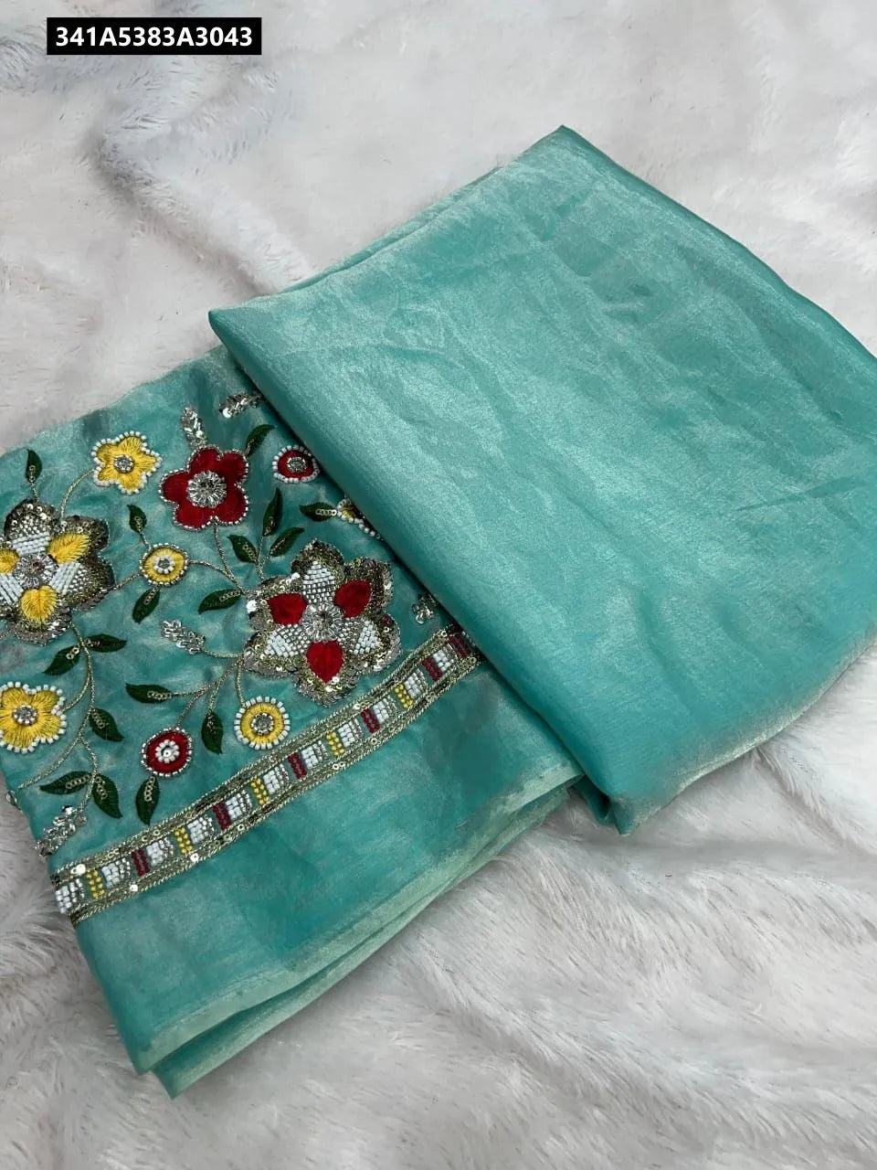 Aqua Blue Space Satin Saree with Magam Work Blouse Piece